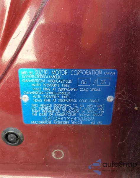 2006 Suzuki Grand Vitara z USA, uszkodzony, nr VIN JS3TD941X64100389